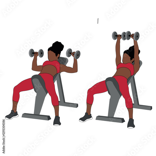 A Black African woman in red clothing doing incline bench chest press with dumbbells exercise. Flat vector illustration isolated on white background