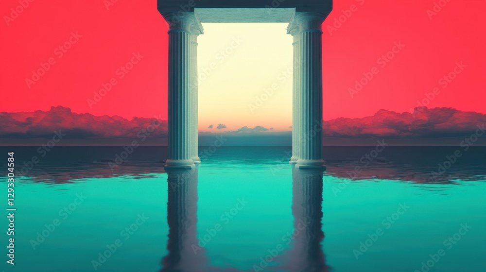 A surreal scene featuring a vibrant, reflective doorway amidst serene waters and a colorful sky, evoking a sense of mystery and exploration. A surreal scene featuring a vibrant, reflective doorway amidst serene waters and a colorful sky, evoking a sense of mystery and exploration.