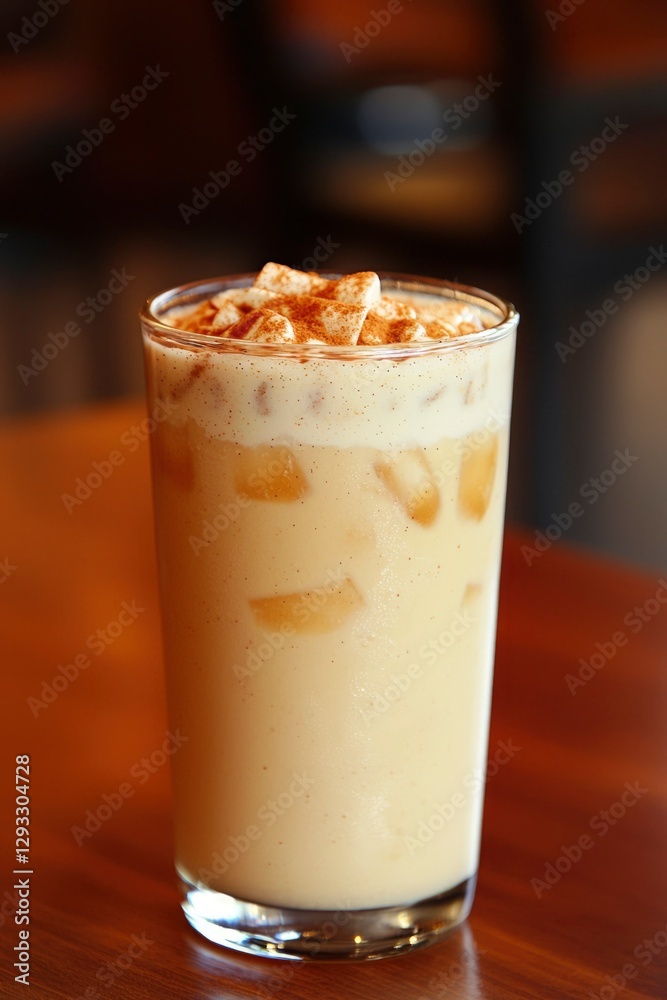 Iced Coffee Drink with Whipped Cream and Spice on Cafe Table Iced Coffee Drink with Whipped Cream and Spice on Cafe Table