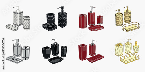 Set of accessories for bath and personal hygiene on white background, Beautiful hygiene set, Golden Bath Accessories
