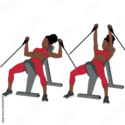 Black Female Character performing incline cable bench press exercise in red clothing, chest exercise