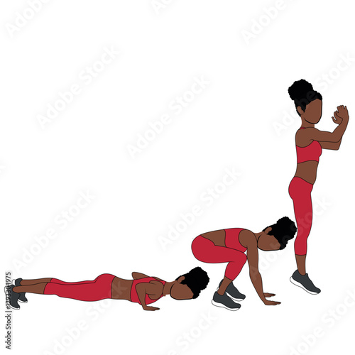 Black Female Character performing burpees exercise in red clothing, aerobic exercise