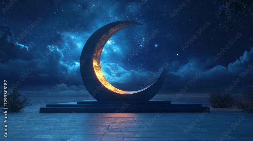 Obraz premium Podium in the shape of a crescent moon under a night sky