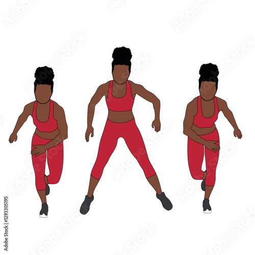 Black Female Character performing skater jumps exercise in red clothing, aerobic exercise