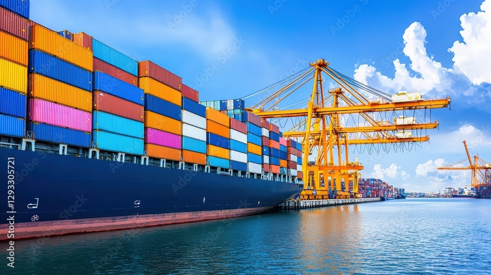 Naklejka premium A vibrant cargo ship docked at a port, surrounded by colorful shipping containers and cranes against a blue sky with fluffy clouds.cargo management warehouse scheduling