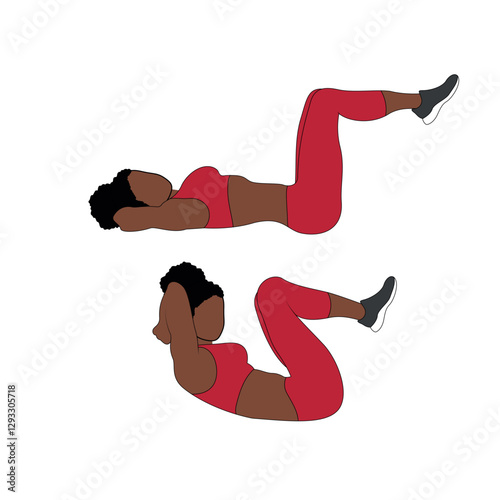 Black Female Character performing 90/90 crunch exercise in red clothing, abs and obliques exercise