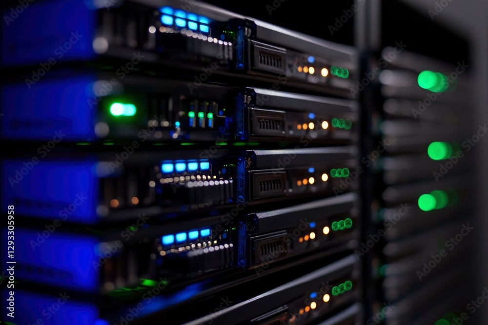 Naklejka premium Server Rack Glowing in Dark Data Center Room