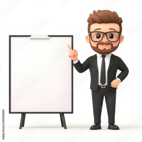 A cartoon businessman stands beside a blank presentation board, pointing and ready to present ideas or concepts.