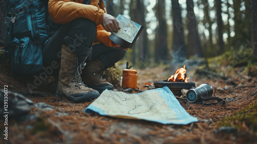 Camping and hiking doodle concept. Tourist with rucksack holding map searching route in forest. Compass, spade, tent, first aid kit, cauldron, boots, vacuum flask, campfire Line art vector signs