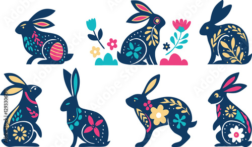 Happy Easter, decorated easter card, banner. Bunnies, Easter eggs, flowers and basket. Folk style patterned design.
