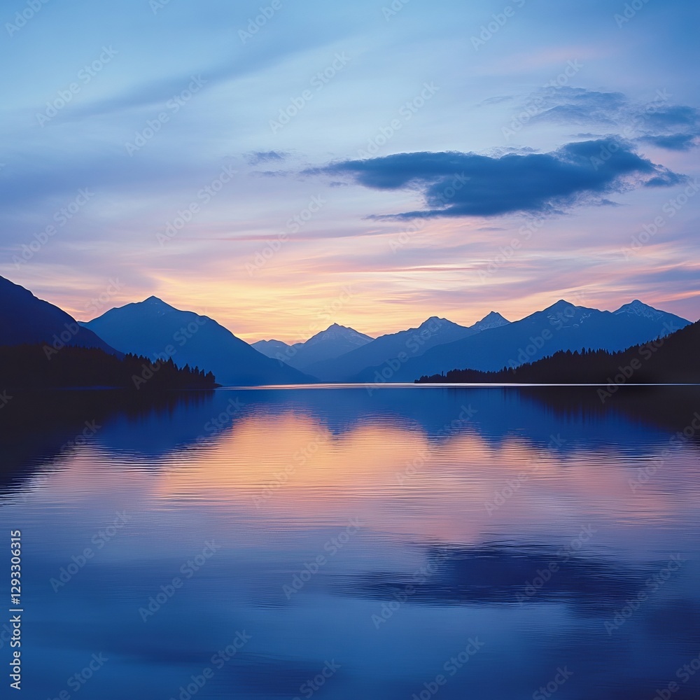 Tranquil lake reflecting mountains at dusk Tranquil lake reflecting mountains at dusk