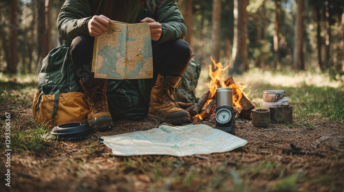 Camping and hiking doodle concept. Tourist with rucksack holding map searching route in forest. Compass, spade, tent, first aid kit, cauldron, boots, vacuum flask, campfire Line art vector signs