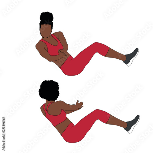 Black African Female Character performing Russian Twist exercise in red clothing