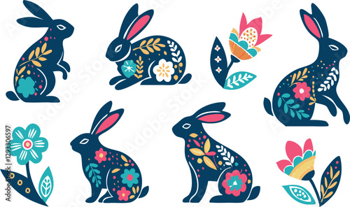 Happy Easter, decorated easter card, banner. Bunnies, Easter eggs, flowers and basket. Folk style patterned design.
