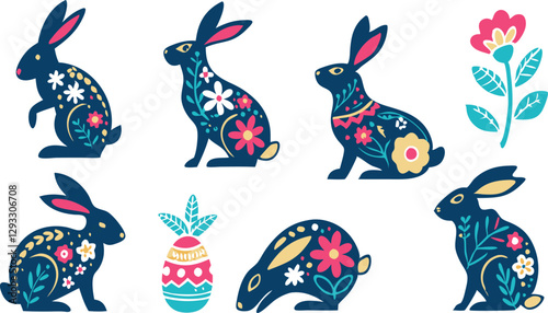 Happy Easter, decorated easter card, banner. Bunnies, Easter eggs, flowers and basket. Folk style patterned design.
