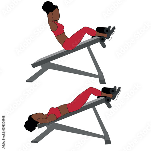 Black Female Character performing decline sit ups exercise in red clothing