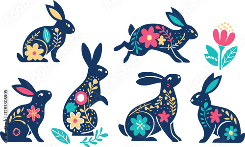 Happy Easter, decorated easter card, banner. Bunnies, Easter eggs, flowers and basket. Folk style patterned design.
