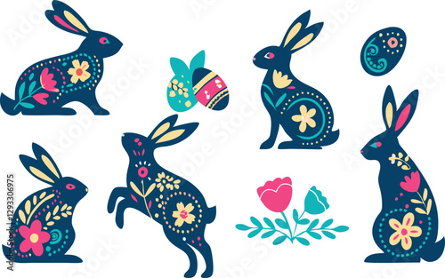 Happy Easter, decorated easter card, banner. Bunnies, Easter eggs, flowers and basket. Folk style patterned design.
