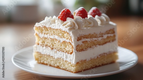Deliciously layered cake adorned with white frosting, topped with fresh raspberries, elegantly presented on a pristine white plate resting on a rustic wooden table