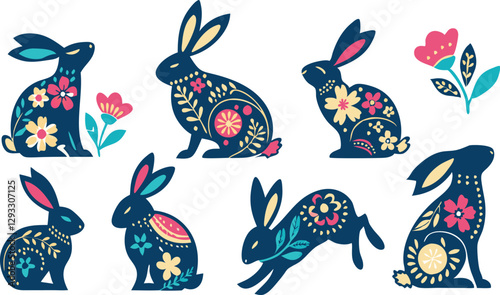 Happy Easter, decorated easter card, banner. Bunnies, Easter eggs, flowers and basket. Folk style patterned design.
