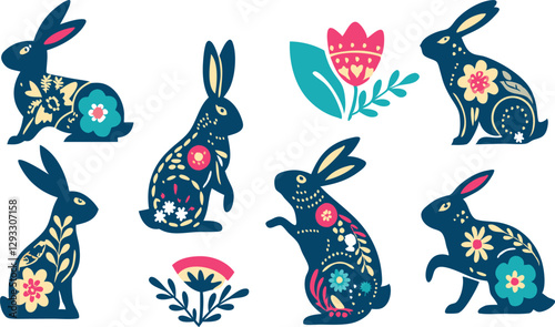 Happy Easter, decorated easter card, banner. Bunnies, Easter eggs, flowers and basket. Folk style patterned design.
