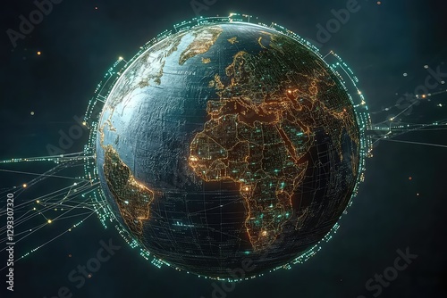 A rotating 3D futuristic earth map with a technology-inspired interface, connected by glowing network lines.