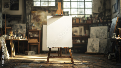 Easel blank stand frame mockup for painting vector. Isolated 3d wooden tripod for picture. Empty artist exhibition space equipment set on white background. Different creative studio object bundle