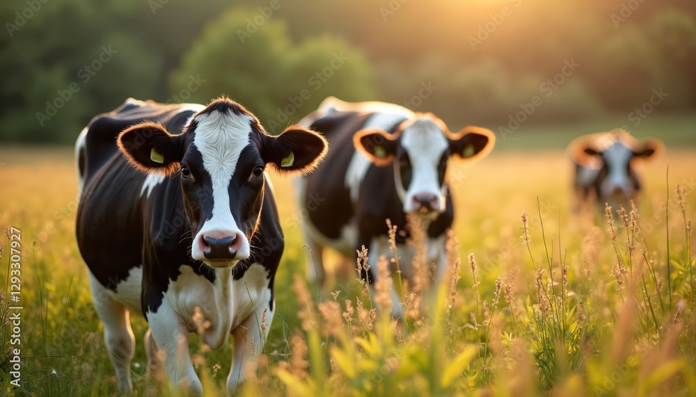 Holstein cows graze in meadow during golden hour. Cattle with black and white spots stand in farmland field with green grass and blue sky in background, summer day. Dairy farm concept.