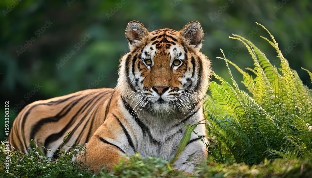 Striking Bengal Tiger Roaming in Lush Green Habitat, Majestically Illuminated Amidst Dappled Sunlight and Verdant Foliage, Portraying the Wild Elegance of the Asian Jungle Striking Bengal Tiger Roaming in Lush Green Habitat, Majestically Illuminated Amidst Dappled Sunlight and Verdant Foliage, Portraying the Wild Elegance of the Asian Jungle