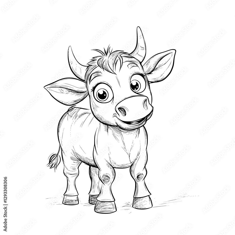 Happy Calf Sketch: A cheerful cartoon calf, depicted in a charming pencil sketch, stands with a playful grin and expressive eyes. Its simple yet endearing design makes it perfect for children's books. Happy Calf Sketch: A cheerful cartoon calf, depicted in a charming pencil sketch, stands with a playful grin and expressive eyes. Its simple yet endearing design makes it perfect for children's books.