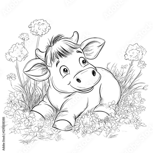 Happy Calf in Meadow: A cheerful calf, with big eyes and a playful smile, lounges in a field of wildflowers, capturing the innocence and joy of childhood.