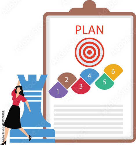 Woman pushing rook chess piece, concept of strategic planning, business development strategy, tactics in entrepreneurship, strategic planning to overcome difficulty or obstacle to reach goal or target