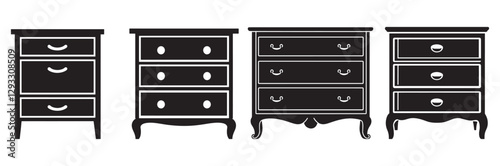 Black and White Dresser Silhouette Icon, Wardrobe Dresser Silhouette Vector, Simple Bedroom Dresser Silhouette, Outline of a Bedroom Dresser, Minimalist Dresser Cabinet Line Drawing.