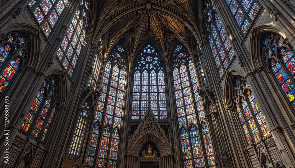 A huge Gothic cathedral with elaborate windows made of stained glass A huge Gothic cathedral with elaborate windows made of stained glass