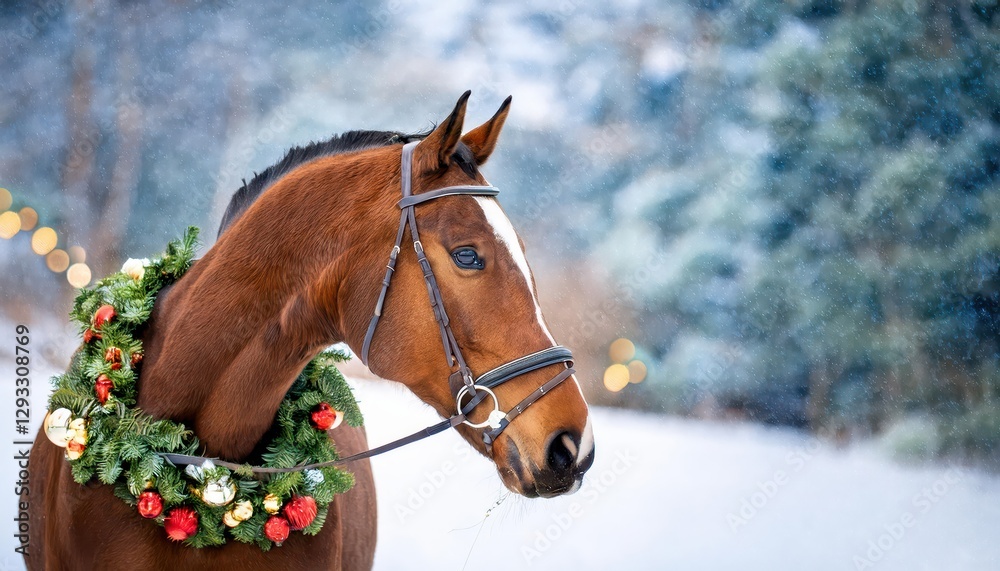 Fototapeta premium Enchanting Winter Bay Horse Basks in Festive Christmas Decorations, Radiating Holiday Magic and Whimsical Charm amidst Snowflakes and Frosty Landscape.