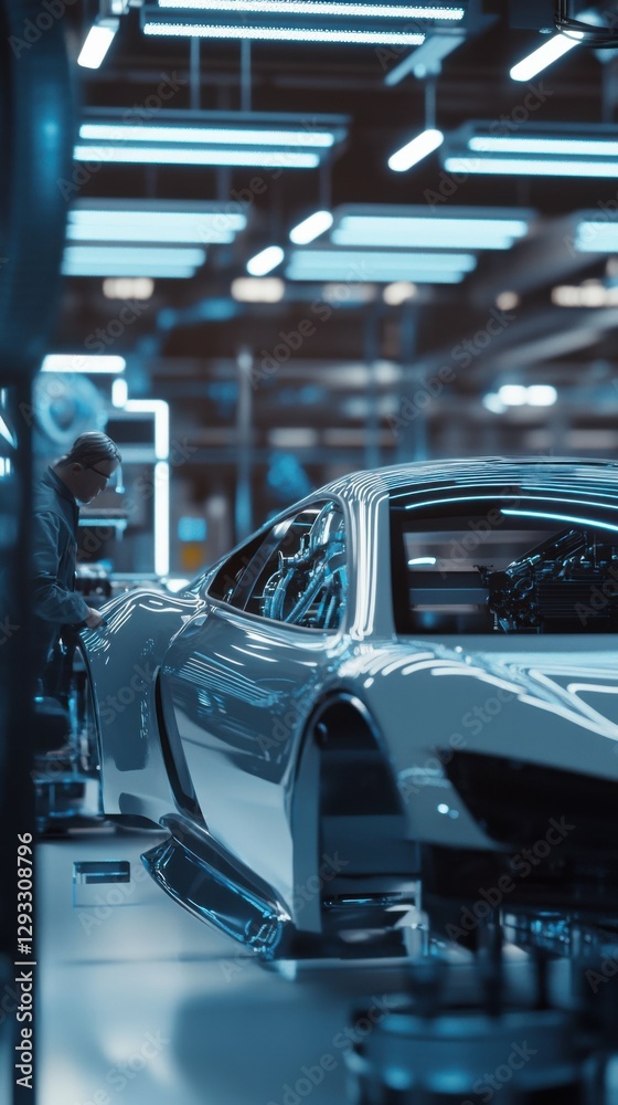 Close-up of engineers working with advanced automotive components in a futuristic lab, realistic depiction, isolated with a clean background for artistic focus. Close-up of engineers working with advanced automotive components in a futuristic lab, realistic depiction, isolated with a clean background for artistic focus.