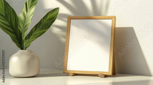 Menu card wood stand 3d vector blank mockup. Paper flyer with wooden frame isolated on white background. Photo display for desk base illustration set. Restaurant a5 sheet label for event promotion