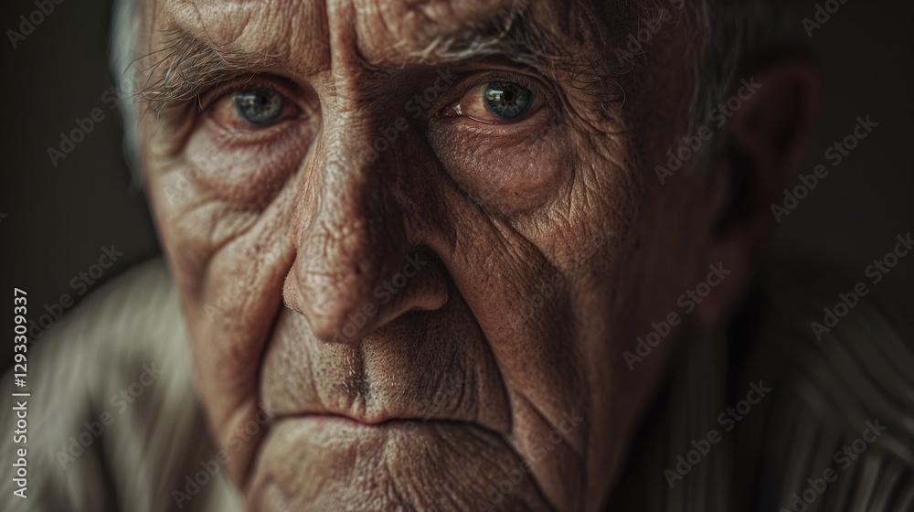 Close-up portrait of an elderly man with a concerned expression, deep wrinkles, and signs of aging. His thoughtful gaze is highlighted by soft natural lighting Close-up portrait of an elderly man with a concerned expression, deep wrinkles, and signs of aging. His thoughtful gaze is highlighted by soft natural lighting
