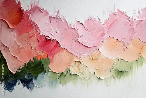 Abstract Oil Painting with Textured Brush Strokes in Pink, Blue, and Green, Featuring a Soft, Pastel Bloom or Mountain Range on a White Background