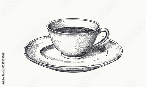 Vintage Cup and Saucer Ink Sketch Minimalist Vector Illustration for Graphic Design