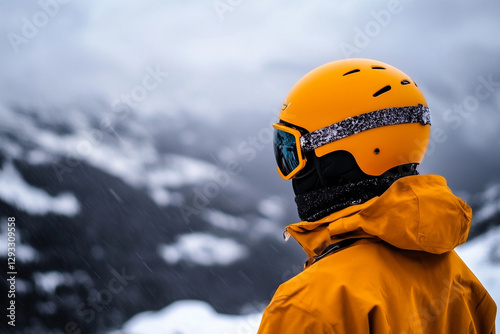 A snowboarder in a mask, wearing an orange jacket and helmet, is watching a snowy mountain landscape.