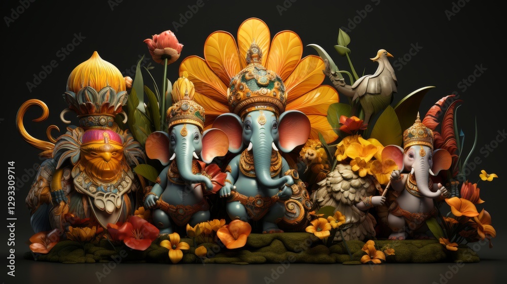 Fototapeta premium Vibrant 3D Cartoon Style Onam Celebration with Colorful Characters