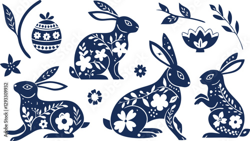 Happy Easter, decorated easter card, banner. Bunnies, Easter eggs, flowers and basket. Folk style patterned design.