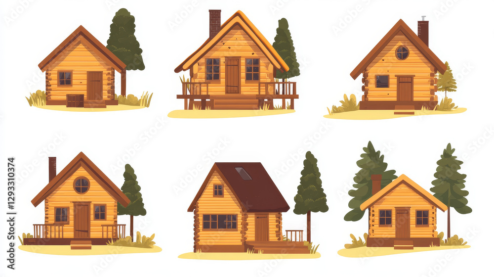 Cabins, wooden houses in forest, mountain village or camp. Small log cottages, huts with chimney, porch and stairs isolated on white background, vector cartoon illustration Cabins, wooden houses in forest, mountain village or camp. Small log cottages, huts with chimney, porch and stairs isolated on white background, vector cartoon illustration