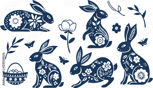 Happy Easter, decorated easter card, banner. Bunnies, Easter eggs, flowers and basket. Folk style patterned design.