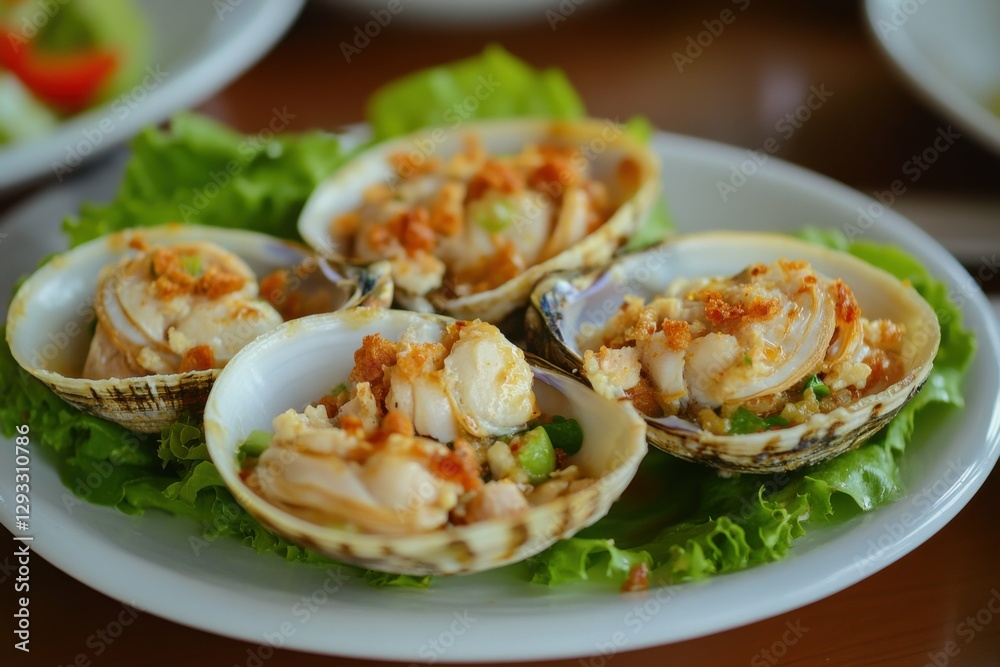 Stuffed Clams: A Delicious Meal of Three Clams Served on a White Plate with Salad Stuffed Clams: A Delicious Meal of Three Clams Served on a White Plate with Salad