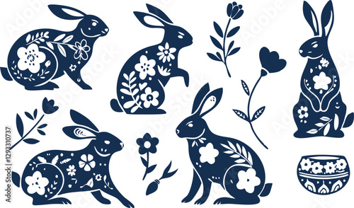 Happy Easter, decorated easter card, banner. Bunnies, Easter eggs, flowers and basket. Folk style patterned design.