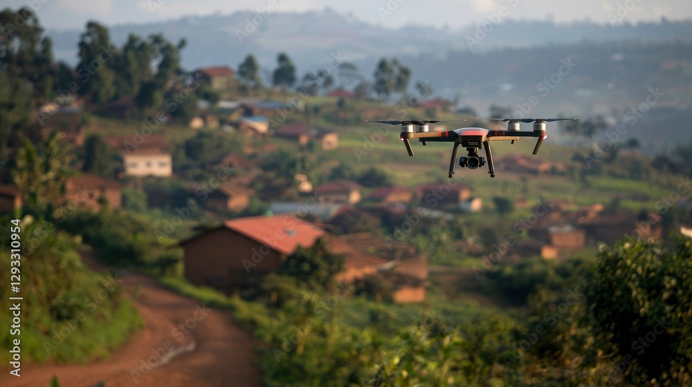 Fototapeta premium Drone Surveying Rural African Village at Dawn