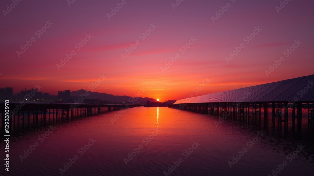 Sunrise over water with solar panels and cityscape Sunrise over water with solar panels and cityscape