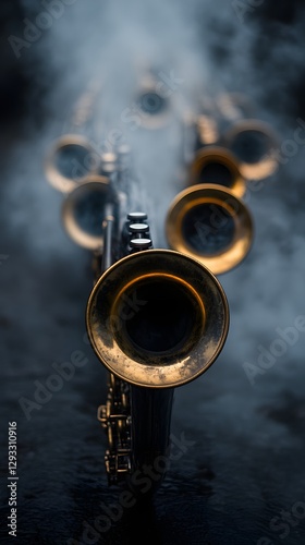 Brass instruments in smoky background photo